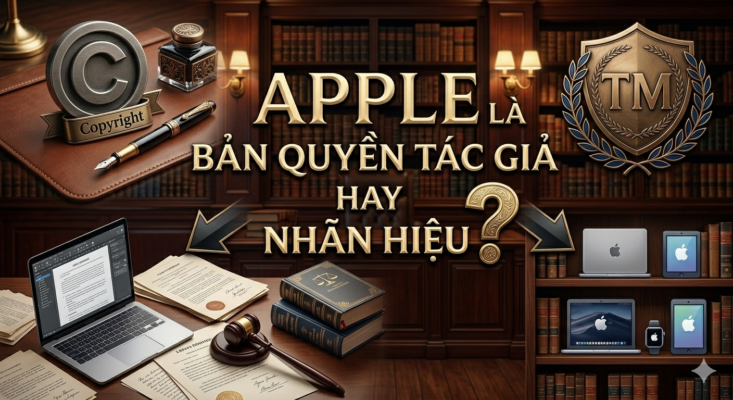 Hình ảnh phong cách pháp lý chuyên nghiệp với dòng chữ trung tâm "Apple Là Bản Quyền Tác Giả Hay Nhãn Hiệu?". Bối cảnh là văn phòng luật với giá sách gỗ, búa thẩm phán, biểu tượng Copyright (C) và Trademark (TM) cùng các thiết bị công nghệ hiện đại.