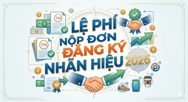 Đồ họa thông tin về lệ phí nộp đơn đăng ký nhãn hiệu năm 2026 với biểu tượng hồ sơ pháp lý và tài chính
