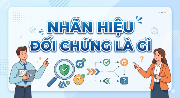 Hình ảnh đồ họa infographic giải thích khái niệm sở hữu trí tuệ với dòng chữ trung tâm "Nhãn hiệu đối chứng là gì". Hình ảnh bao gồm các biểu tượng kính lúp soi biểu tượng bảo hộ, sơ đồ so sánh và hai nhân vật chuyên gia đang phân tích dữ liệu trên nền xanh nhạt chuyên nghiệp.