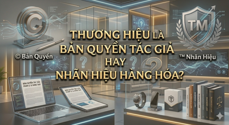 Một hình ảnh đồ họa infographic chuyên nghiệp với câu hỏi trung tâm bằng tiếng Việt: "Thương hiệu là Bản quyền tác giả hay Nhãn hiệu hàng hóa?". Hình ảnh có bối cảnh văn phòng luật hiện đại, bao gồm biểu tượng Bản quyền (C) và Nhãn hiệu (TM) lớn, cùng các thiết bị công nghệ (laptop, tablet, smartwatch) và sách luật Business Law.