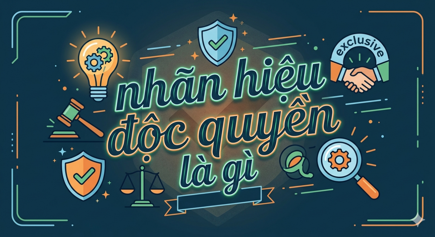 Hình ảnh đồ họa đặt câu hỏi "nhãn hiệu độc quyền là gì" với phong cách hiện đại, kèm các biểu tượng bổ trợ như cán cân công lý, khiên bảo vệ và bóng đèn sáng tạo trên nền xanh đậm.
