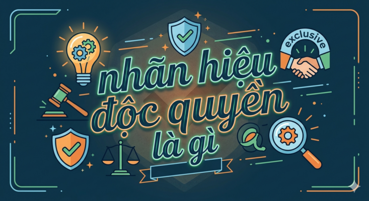 Hình ảnh đồ họa đặt câu hỏi "nhãn hiệu độc quyền là gì" với phong cách hiện đại, kèm các biểu tượng bổ trợ như cán cân công lý, khiên bảo vệ và bóng đèn sáng tạo trên nền xanh đậm.