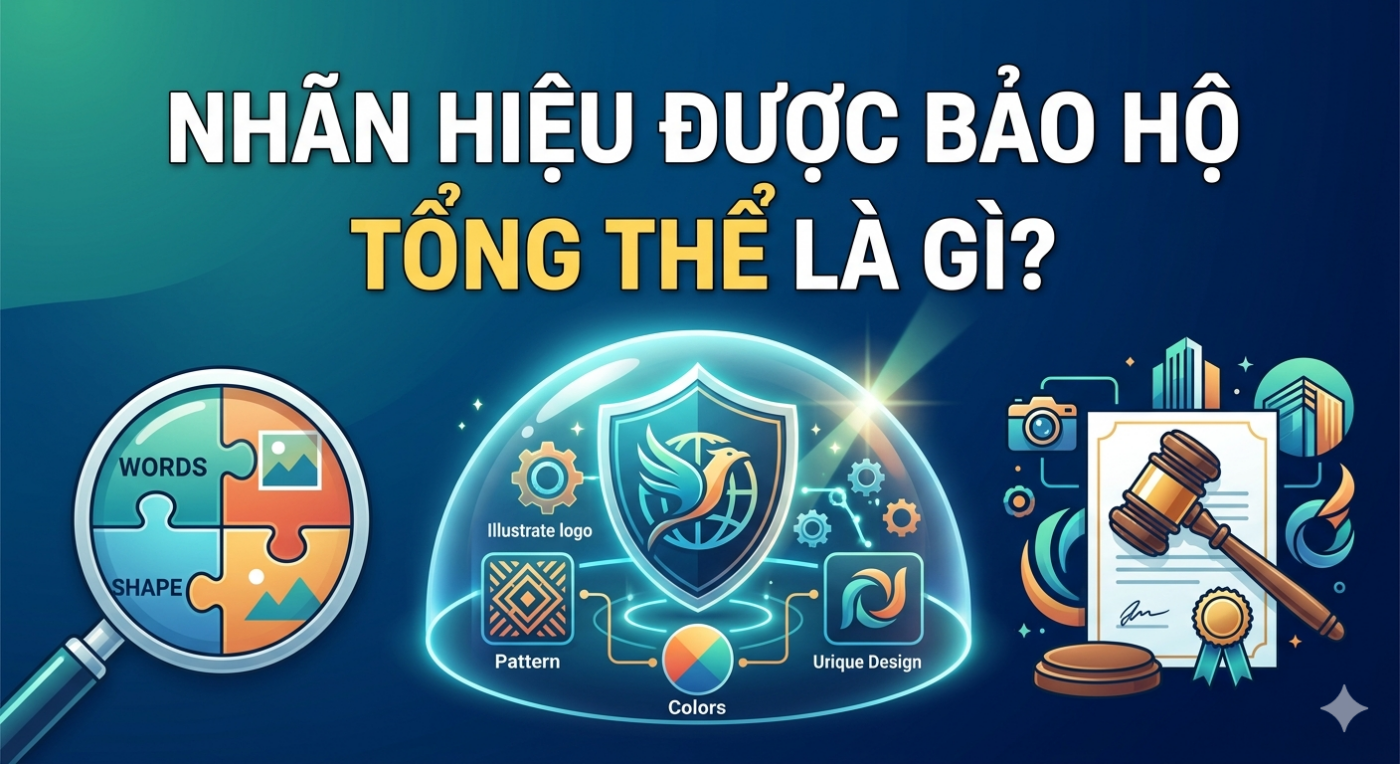 Hình ảnh minh họa khái niệm nhãn hiệu được bảo hộ tổng thể với dòng chữ Tiếng Việt nổi bật, đi kèm các biểu tượng tấm khiên bảo vệ, búa công lý và các mảnh ghép thương hiệu (màu sắc, logo, hình khối).