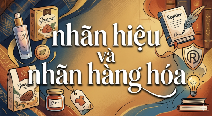 Hình ảnh minh họa khái niệm nhãn hiệu và nhãn hàng hóa với các biểu tượng bao bì sản phẩm và ký hiệu bảo hộ sở hữu trí tuệ.