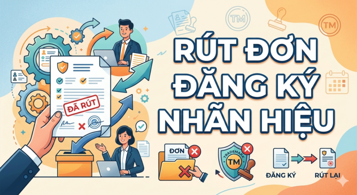 Hình ảnh minh họa thủ tục rút đơn đăng ký nhãn hiệu với dòng chữ chủ đạo "Rút Đơn Đăng Ký Nhãn Hiệu", kèm theo các biểu tượng hồ sơ, dấu mộc và quy trình pháp lý.