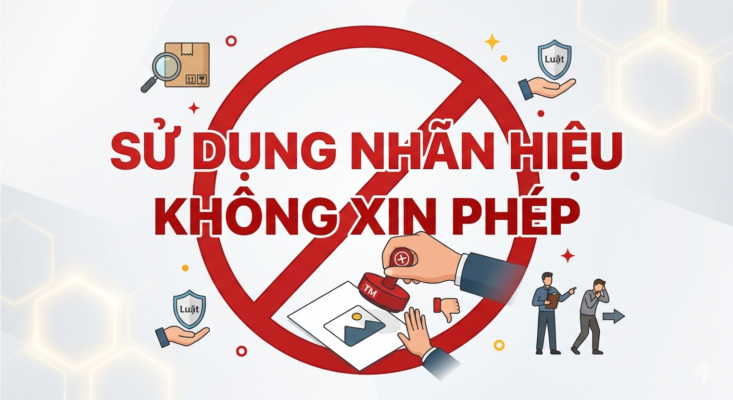 Hình ảnh đồ họa cảnh báo về việc "sử dụng nhãn hiệu không xin phép" với biểu tượng cấm màu đỏ, hình minh họa dấu đóng dấu TM và các biểu tượng pháp luật.
