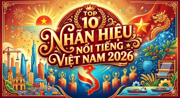 Hình ảnh đồ họa vinh danh Top 10 nhãn hiệu nổi tiếng Việt Nam 2026 với biểu tượng bản đồ, quốc kỳ và các ngành công nghiệp trọng điểm