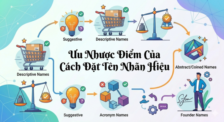 Đồ họa tổng hợp ưu nhược điểm của các cách đặt tên nhãn hiệu với dòng chữ lớn ở chính giữa và các biểu tượng minh họa xung quanh.